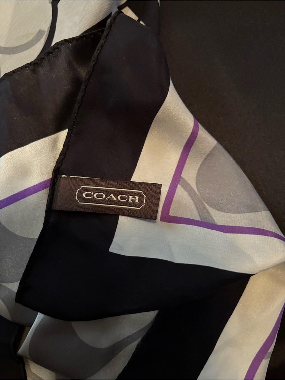 COACH Gray and Black Logo Silk Scarf with Purple Trim - Picture 5 of 6